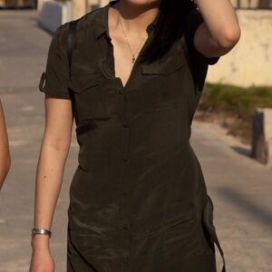 Sezane 100% silk shirt dress olive green